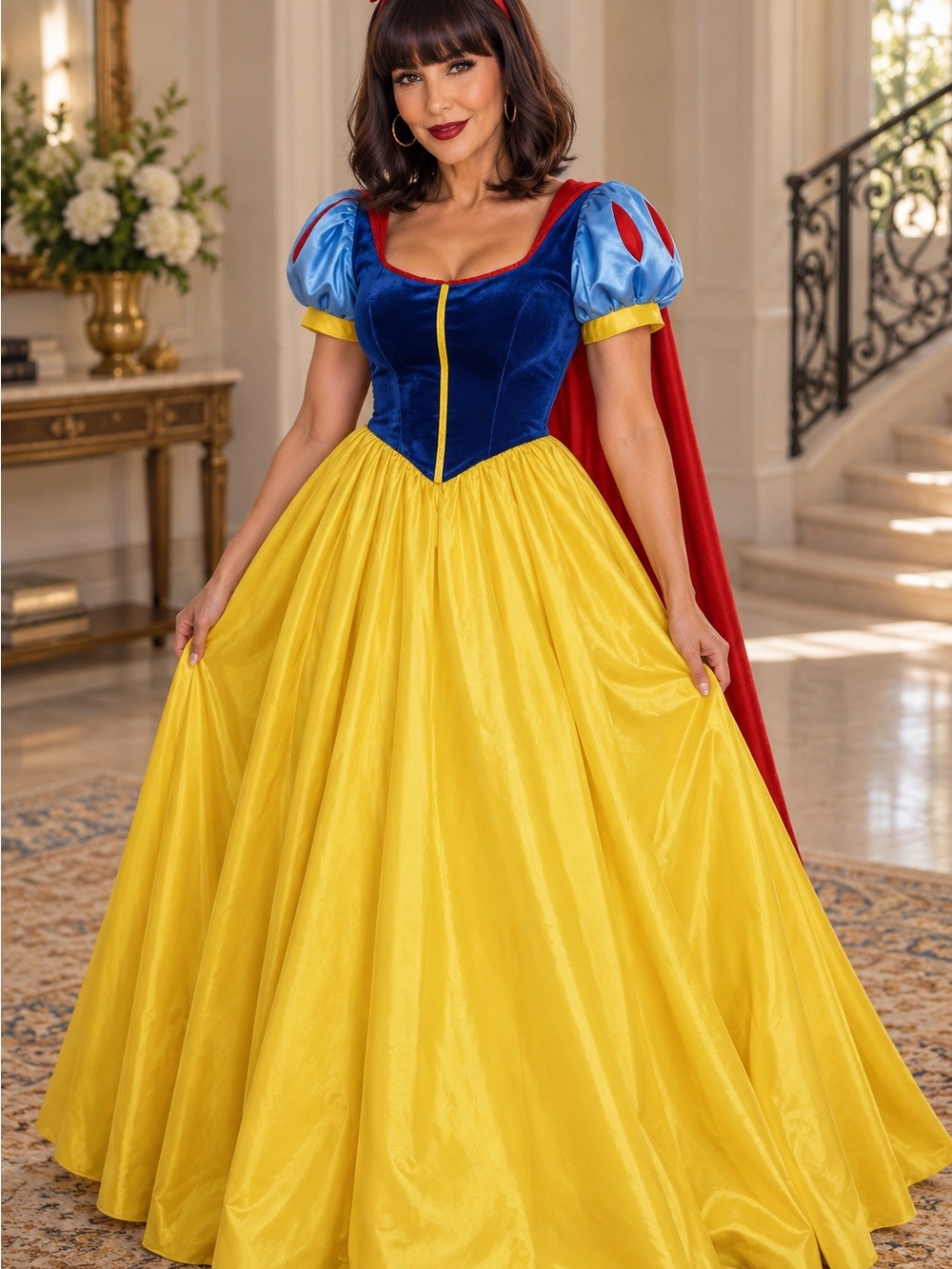 Regal Blue & Yellow Maxi Dress with Red Cape